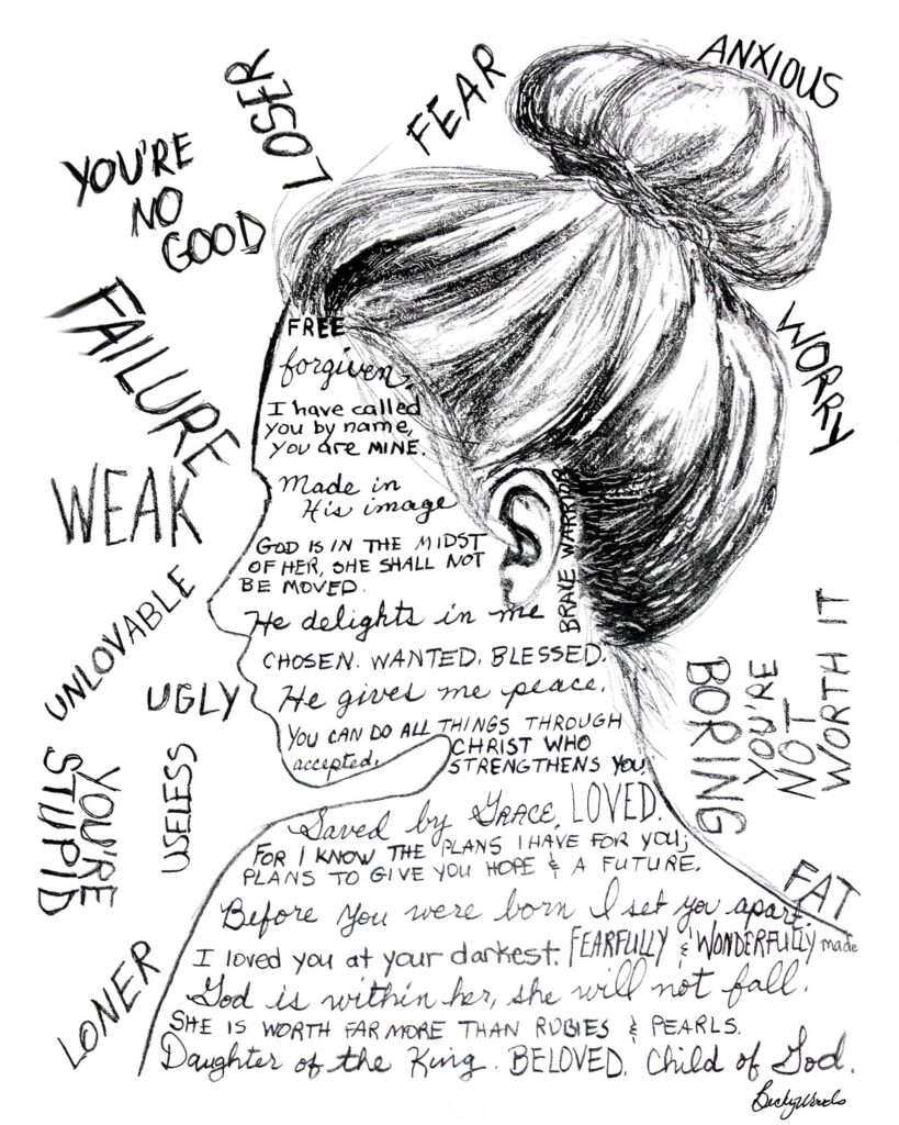Drawing depicting mental illness and self doubt.